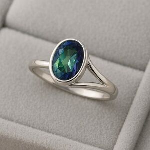 Sterling Silver Mystic Topaz Oval Ring – Asymmetrical Split Shank 925 Sz 8 #374